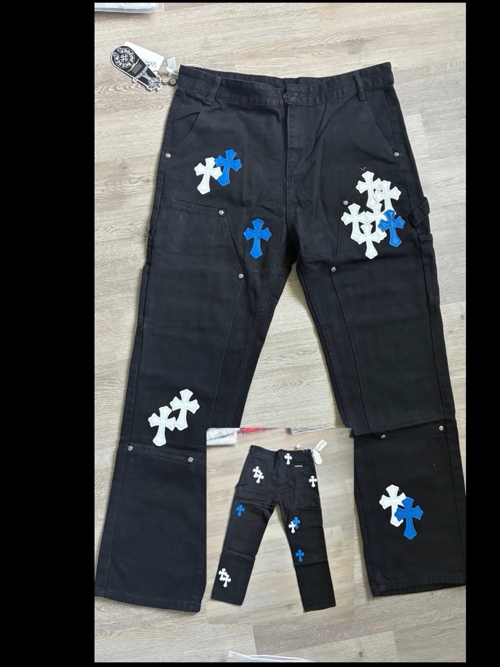 Chrome Hearts Black Bootcut Jeans with White and Blue Crosses